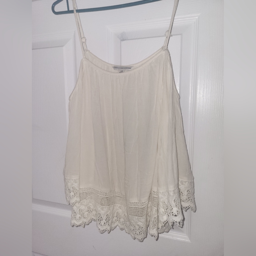American Eagle Cream flowy boho off-shoulder top with crochet detail
